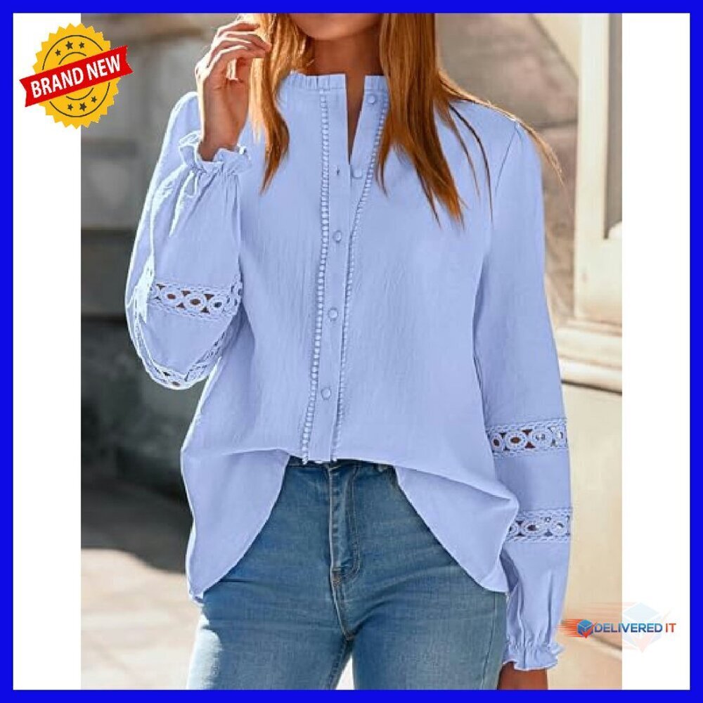 Long Sleeve Cotton Eyelet Blouse Boho Button Up Shirt Women's - Picture 6 of 8